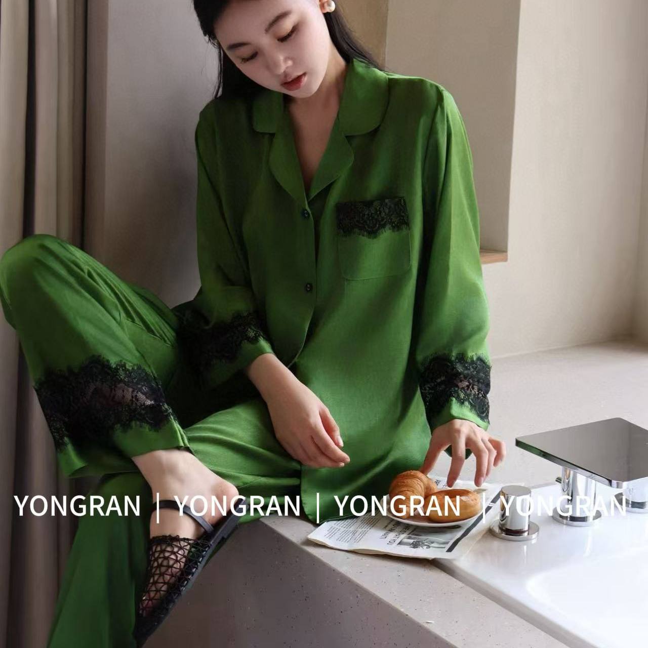 yongran睡衣女南韩丝绿色丝滑仿真丝长袖长裤雍然春秋家居服实体