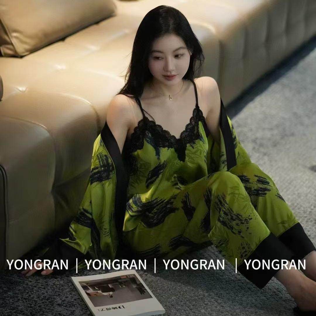 实体店•雍然三件套春款绿色国风花色家居服吊带睡袍冰雪丝绸睡衣