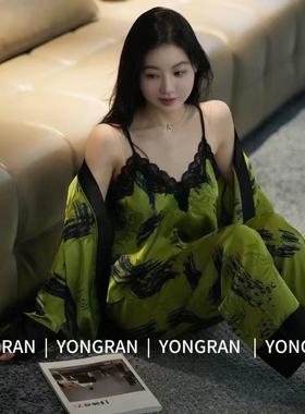 实体店•雍然三件套春款绿色国风花色家居服吊带睡袍冰雪丝绸睡衣