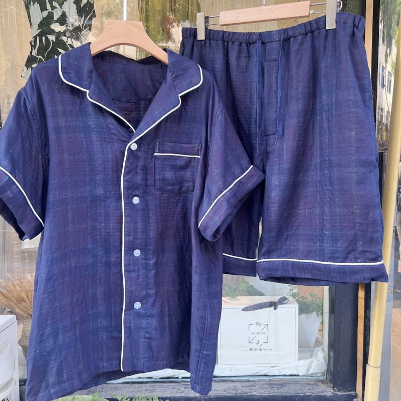 日式棉花糖三重纱家居服短袖短裤套装纯棉睡衣纱布夏季柔软男士