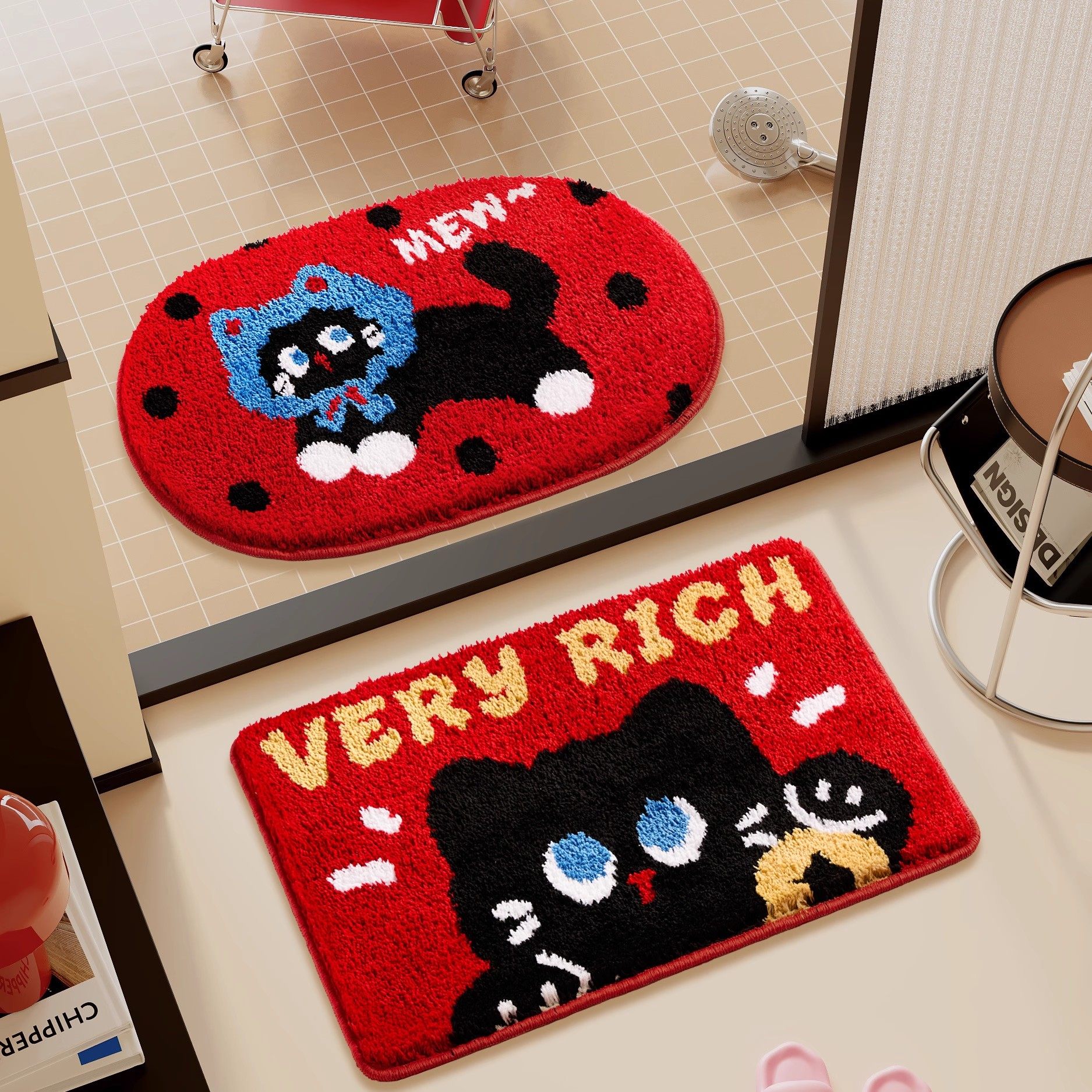 浴室地垫家用防滑吸水速干脚垫子卡通招财喜庆卫生间厕所植绒地毯