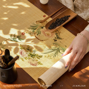 新中式 美学高端桌旗茶室禅意隔热茶旗茶台桌垫竹席垫 竹编茶席宋式