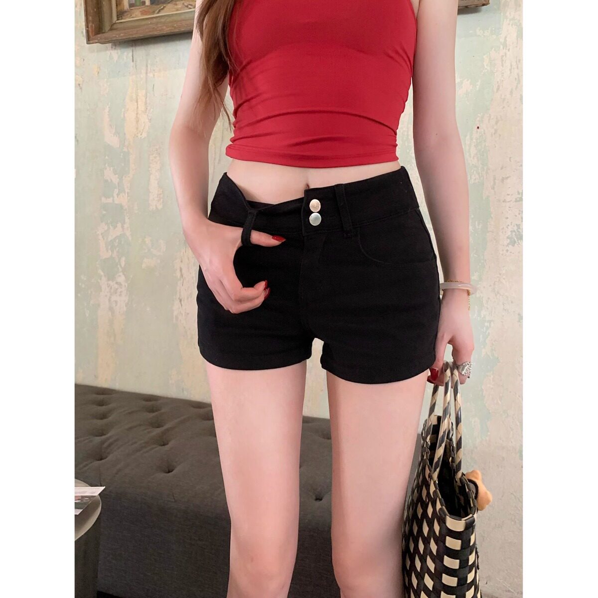 黑色牛仔短裤女夏季新款大码胖mm高腰显瘦弹力梨型身材a字热裤子图片