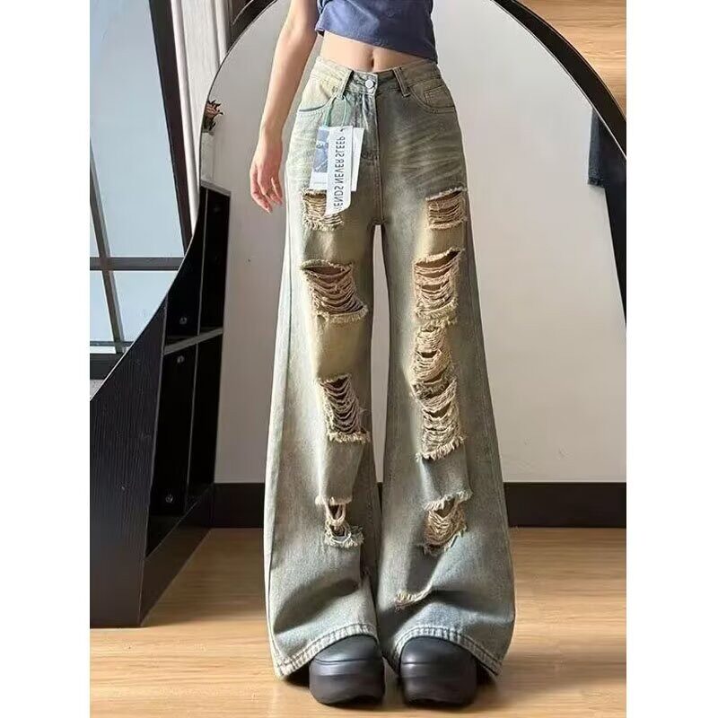 大码胖mm休闲牛仔裤女夏季新款高腰宽松显瘦百搭高街直筒阔腿裤韩