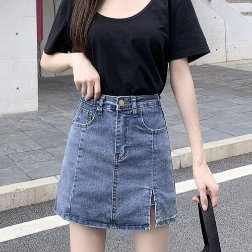 牛仔裙短裙女夏季新款高腰大码胖MM辣妹a字裙包臀开叉半身裙ins潮
