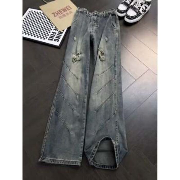 美式高街复古hiphop高腰牛仔裤女夏季宽松设计感小众直筒阔腿裤潮
