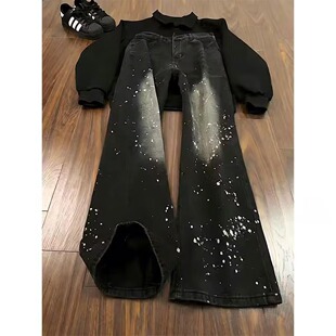美式潮流泼墨漆点牛仔裤男款冬季高街vibe风格裤子磨白直筒微喇裤