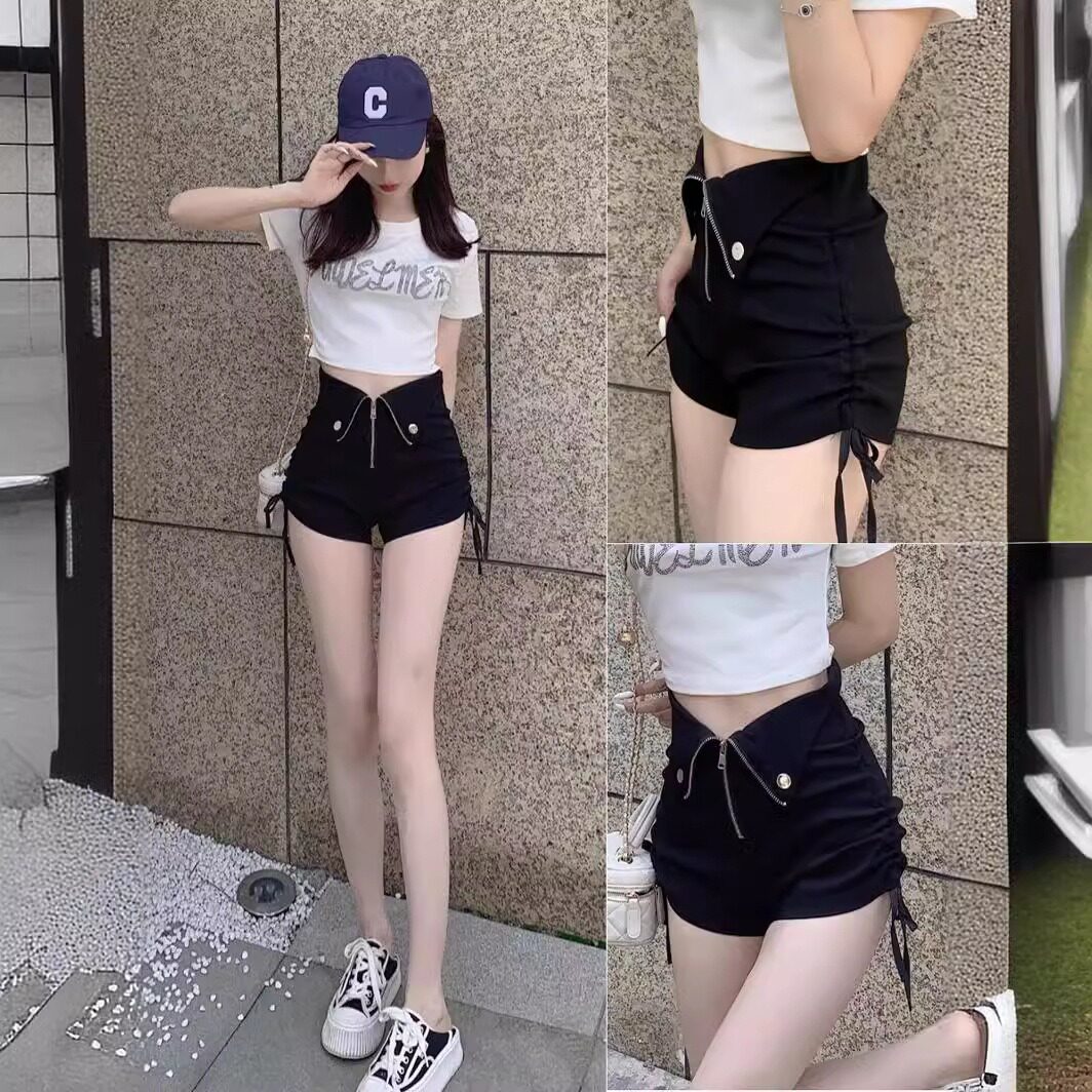 抽绳短裤女夏薄款休闲大码梨形身材高腰显瘦设计感辣妹阔腿热裤