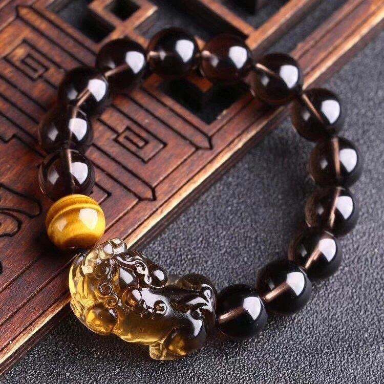 天然冰种黑曜石小歪头貔貅手链搭配黄虎眼石圆珠  情侣款手串