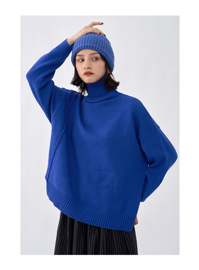 ANN and SAM双色毛衣 黑色宝蓝色不对称双色高领保暖2025新品