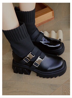 ANN and SAM 针织拼接显瘦无敌松糕黑色马丁靴