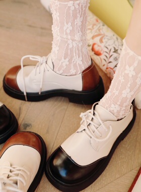 ANN and SAM圆头小皮鞋系带英伦复古拼色