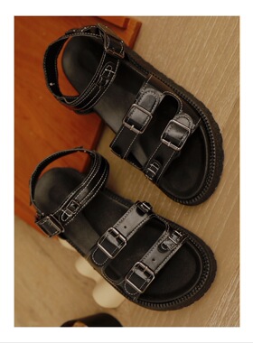 ANNandSAM原创夏日黑色个性黑色明线凉鞋平底罗马春夏新款2025