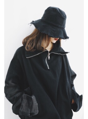 ANN and SAM 2024新品 秋冬 oversize纯黑色 宽松随性牛仔卫衣