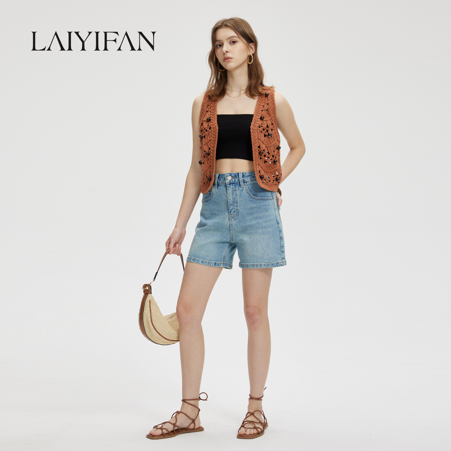 LANYIFAN【360万向弹】夏季A字超模直筒牛仔短裤女遮肉显瘦高腰 - 实物图