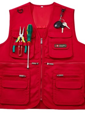 中年男马甲春秋季厚款多口袋背心休闲摄影钓鱼红色马夹爸爸坎肩