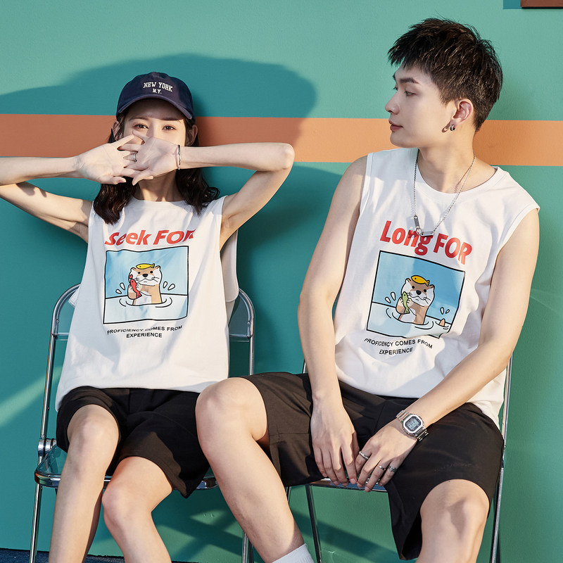唐狮纯棉情侣装背心白色外穿坎肩无袖t恤打底衫可爱男女韩版宽松