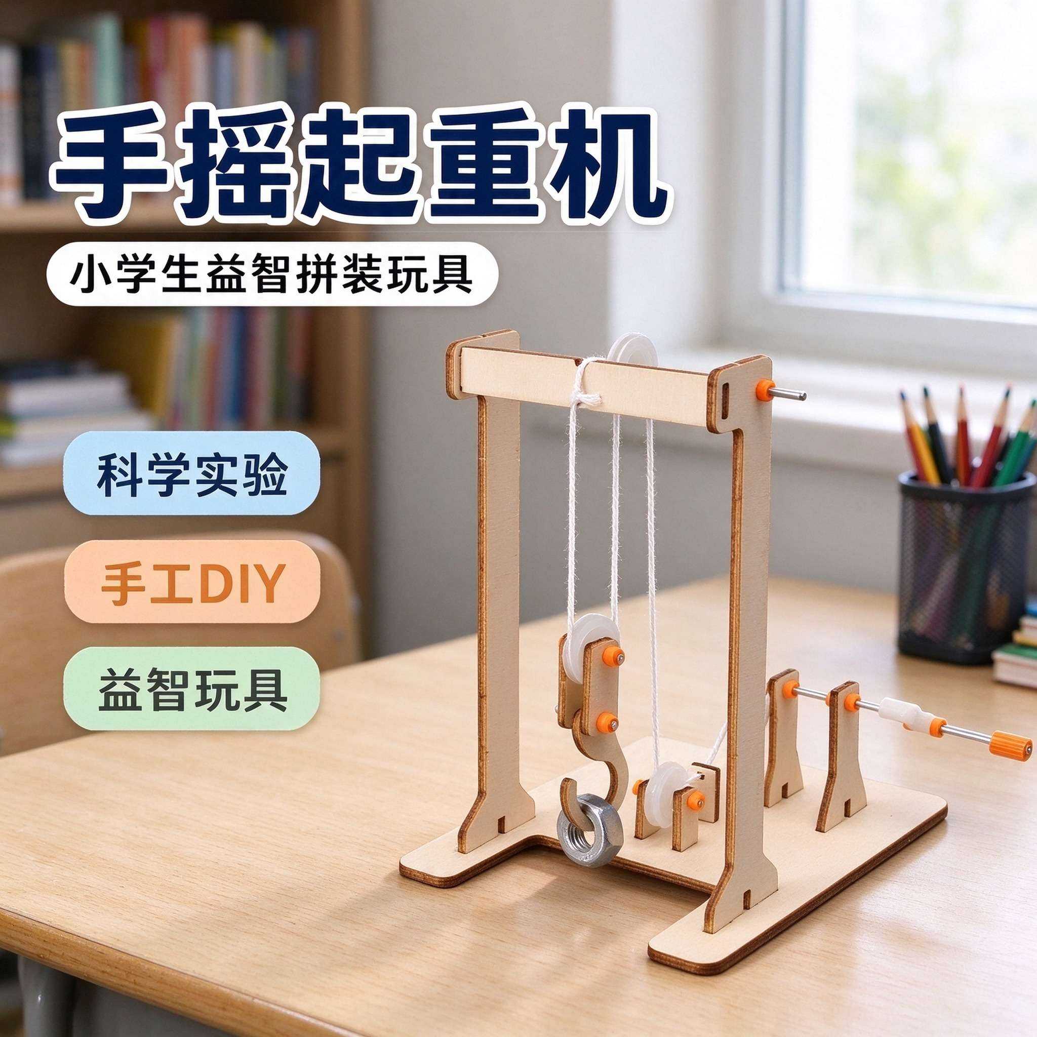 小学生创意DIY手摇起重机玩具