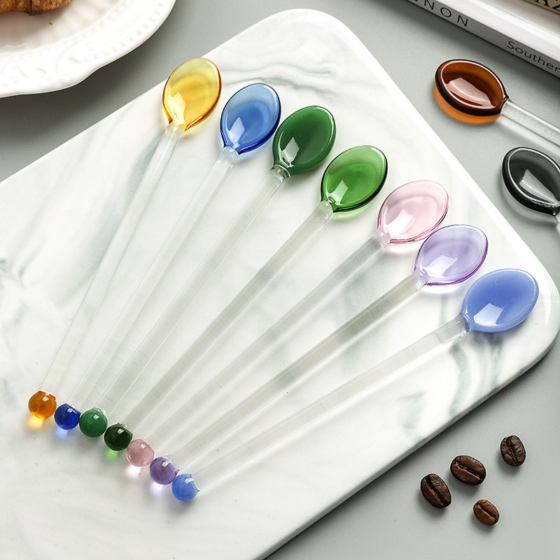 多彩玻璃咖啡勺可爱创意长柄果汁冰淇淋甜品加长勺个性长柄搅拌勺