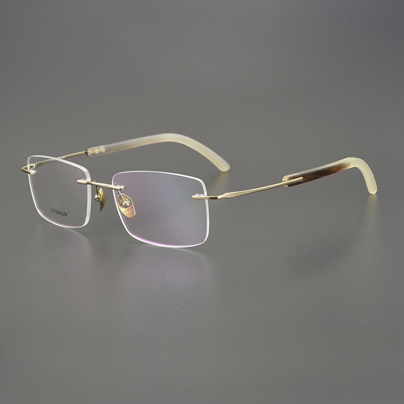 非洲进口天然牛角无框近视眼镜框架手工超轻纯钛时尚男士方形商务