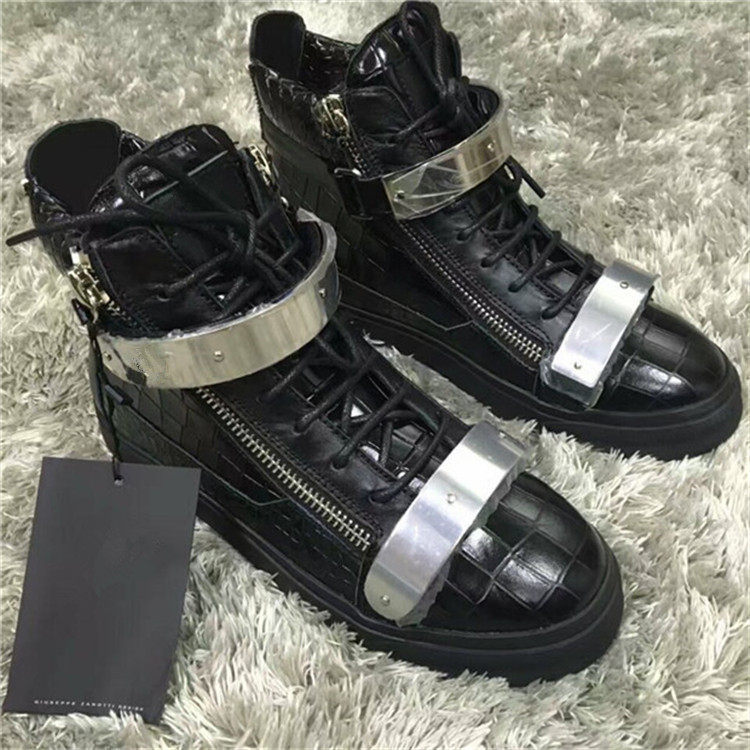 thumbnail for Spring and Autumn Agz European and American Style Unisex Black Genuine Leather Patent Leather High-Top Zippered Metal Double Buckle Flat Sneakers Trendy