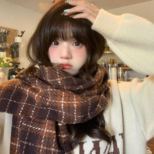 美拉德格子围巾女冬季2025新款韩版百搭学生可爱情侣加厚保暖围脖
