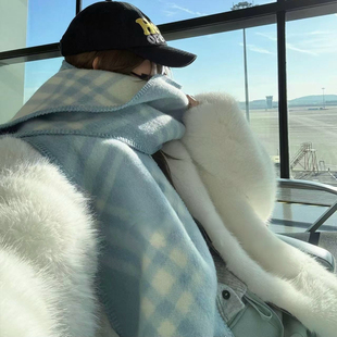 复古黑白格子围巾女秋冬季 高级感百搭韩系连帽格纹保暖情侣围脖