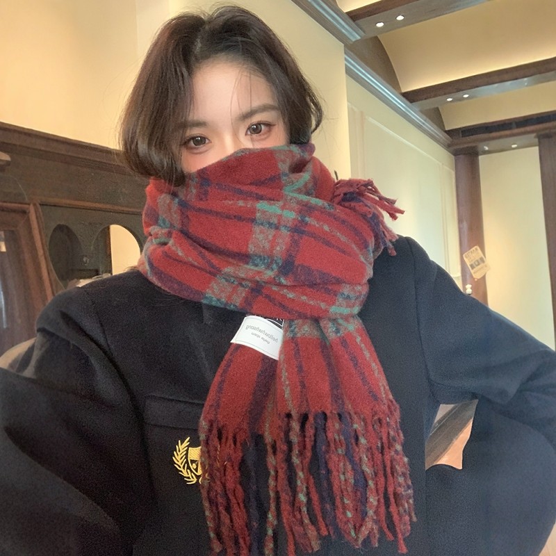 安哥拉红格子围巾女冬季2025新款高级氛围感韩系流苏百搭学生围脖