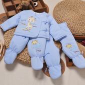 偶园M515男女童宝宝夹棉平腰连脚开档裤 外衣上衣三件套秋冬纯棉