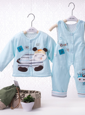 偶园M2275婴儿衣服分体套装秋冬纯棉男女宝宝夹棉厚款背带裤棉衣
