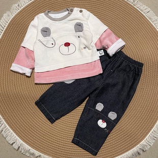 X5275婴儿衣服春秋保暖分体水晶绒肩开套装 男女童宝宝纯棉内衣a类