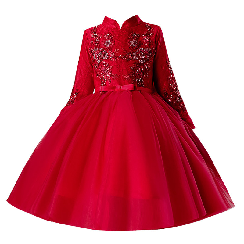女童晚礼服儿童公主裙中式立领蓬蓬纱走秀主持演出服花童婚纱秋冬