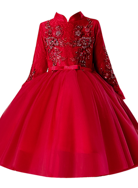 女童晚礼服儿童公主裙中式立领蓬蓬纱走秀主持演出服花童婚纱秋冬