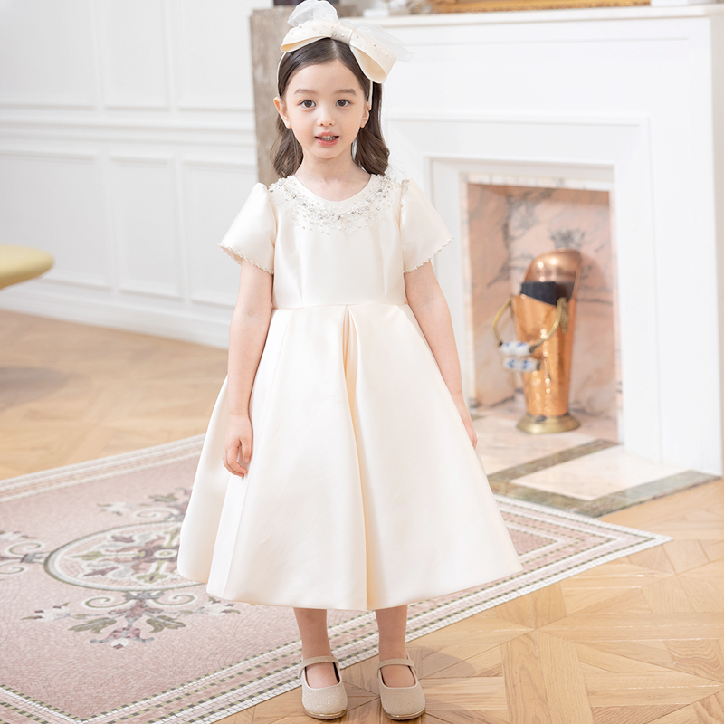 一周岁礼服女宝宝缎面婴儿抓周儿童公主裙蓬蓬纱花童高端洋气白色