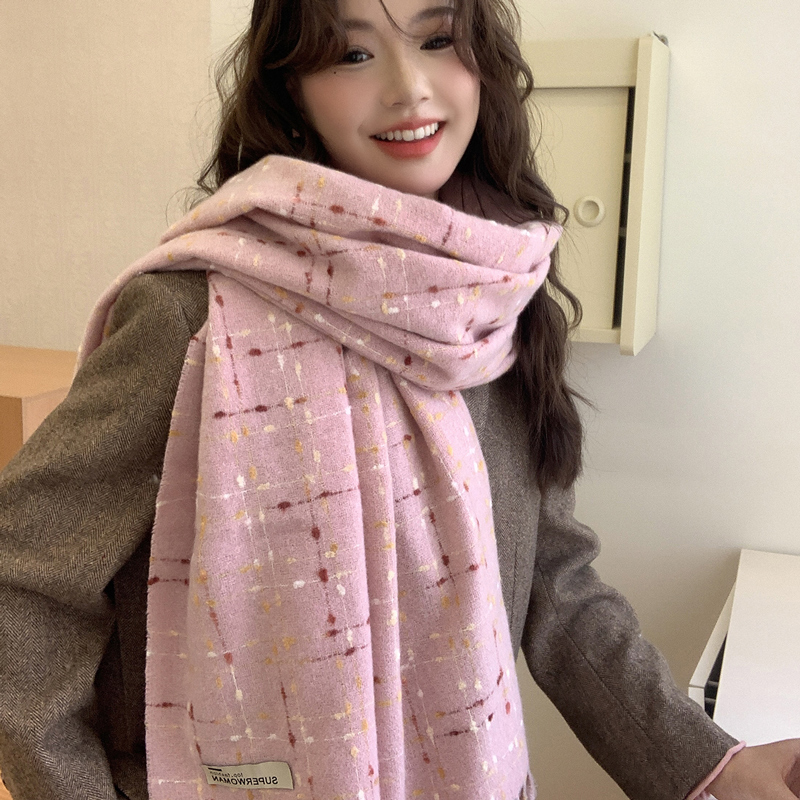 秋冬季氛围感仿羊绒流苏格子围巾女韩版新款加绒加厚保暖围脖披肩