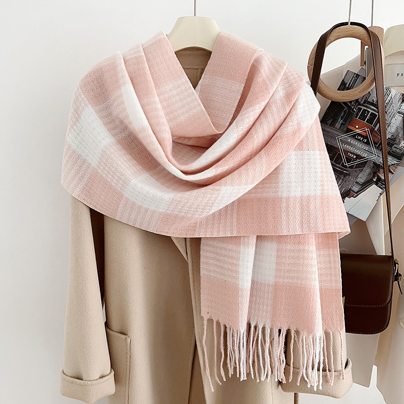 韩系粉白格子围巾女秋冬氛围感加厚保暖仿羊绒格纹围脖潮流苏披肩,服饰配件/皮带/帽子/围巾,围巾/丝巾/披肩,淘宝优惠券,粉丝福利购,淘宝优惠卷