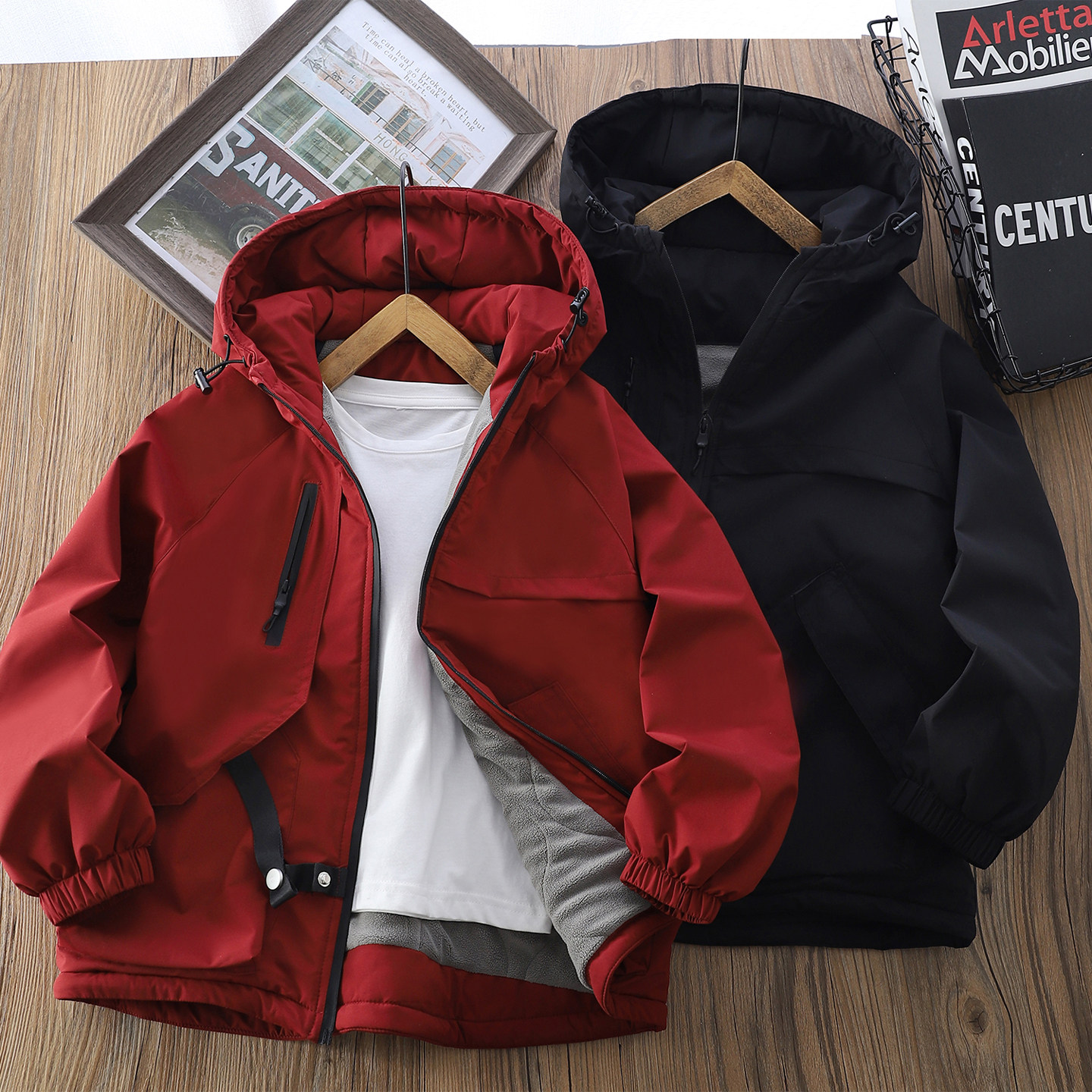 男童加绒防风连帽拉链棉服外套