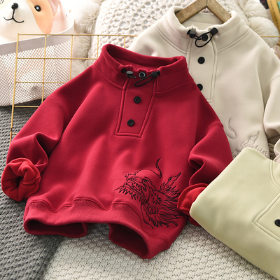 儿童卫衣刺绣防风中国年风半高领