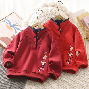 男童加绒红色卫衣蛇年立领冬季2025新款中大童新年服中国风上衣