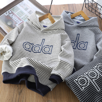 男童加绒撞色刺绣条纹连帽卫衣