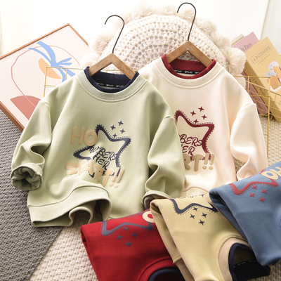 男童印花加绒卫衣秋冬假两件纯色