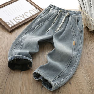 男童牛仔裤子加绒秋冬款儿童中大童星空纹帅男孩韩版痞帅拼接长裤
