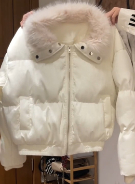 美式气质翻领毛领白色棉服女款冬季新款保暖面包服小香风时尚外套