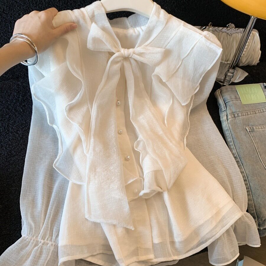 甜美系带蝴蝶结雪纺衬衫女春季2026新款高级感荷叶边独特漂亮上衣