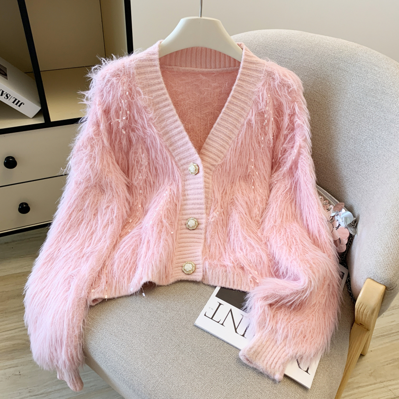 仿水貂绒超好看流苏针织开衫女秋季新款宽松慵懒短款软糯毛衣外套