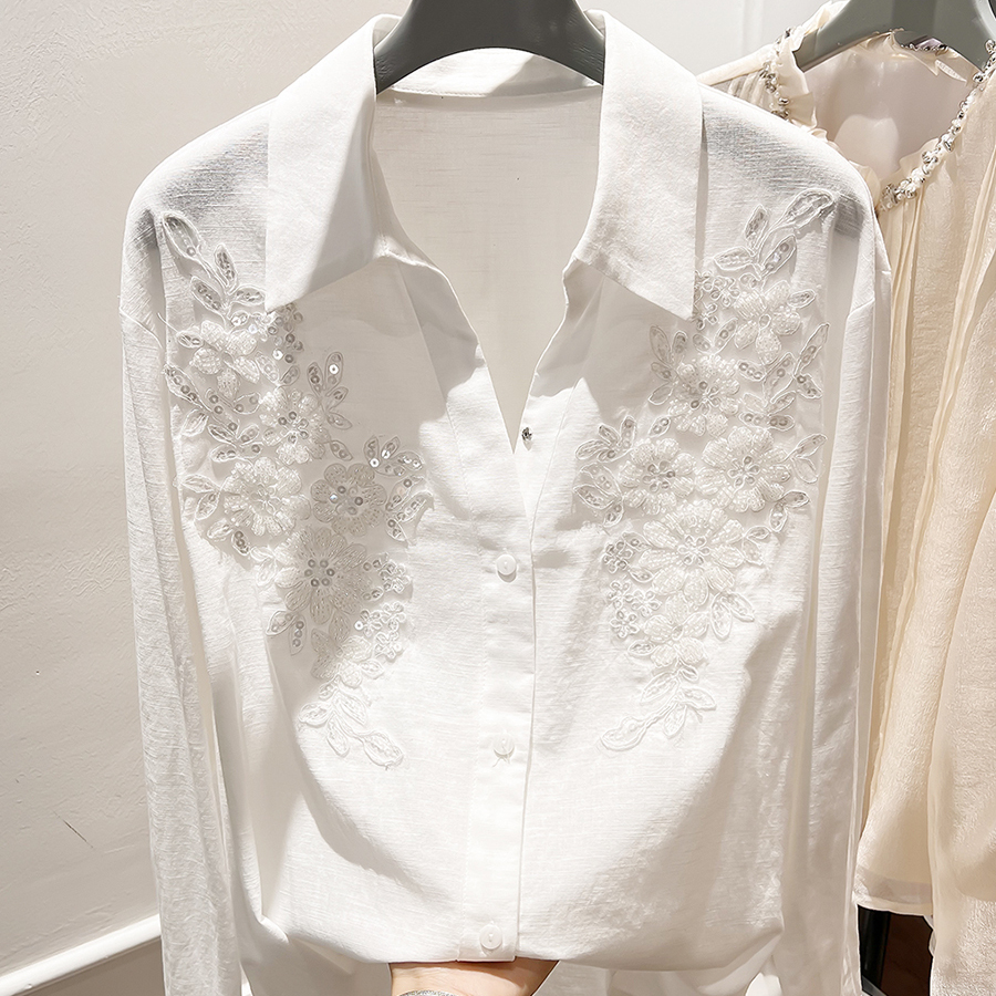 2025新款法式气质纯色翻领开叉刺绣亮片长袖亚麻衬衫女春秋款上衣