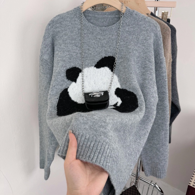 灰色熊猫马海毛毛衣女春秋新款小个子圆领慵懒风宽松套头针织上衣