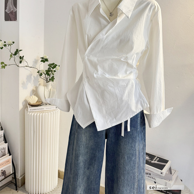 设计感不规则收腰白色长袖衬衫女2025秋新款小众气质显瘦通勤衬衣