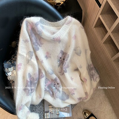 猫咪印花钉珠马海毛女2025秋冬新款慵懒软糯减龄针织衫 早春上衣