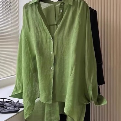 轻薄款绿色亚麻棉麻长袖衬衫女夏季新款宽松慵懒风中长款防晒上衣